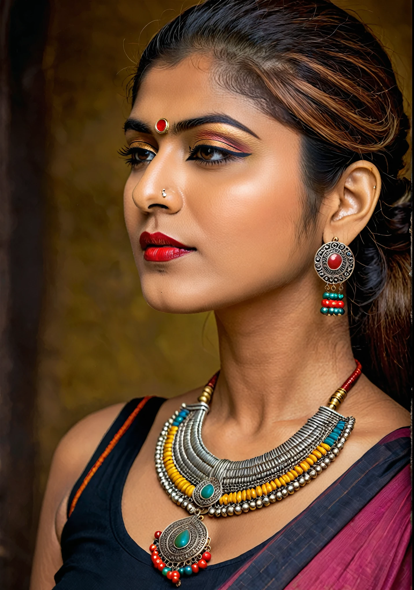 Looks like Nayanthara, aesthetic Portrait shoot for Indian ethnic jewellery brand, tribal theme photoshoot, jewellery inspired by The Lambani artisans from Karnataka create a multicoloured brass neckpiece with a metal band containing metallic ornaments. Inspired by traditional Lambani tribal jewelry, the jewelry features motifs and colors inspired by copper, white metal, and silver. The artisans create pendants and cotton beads using hand thread work, oxidizing or coating them for a final look. The jewelry is a raw and rustic aesthetic, showcasing the artisans' skill and dedication to their craft.