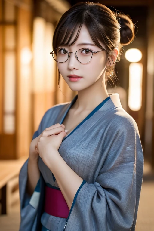(masterpiece, highest quality:1.4), Beautiful Face, 8k, 85mm, Absurd, (Floral Yukata:1.4), Face close-up, violet, Gardenia, Delicate girl, alone, night, View your audience, Upper Body, Film Grain, chromatic aberration, Sharp focus, Face Light, Professional Lighting, Sophisticated, (smile:0.4), (Simple Background, Bokeh Background:1.2), detailed aspects,(((Show one breast:0.57))),((Very young and immature & Very large breasts:1.4),(Pink fashion glasses,1),(Showing anus from the front:0.2),