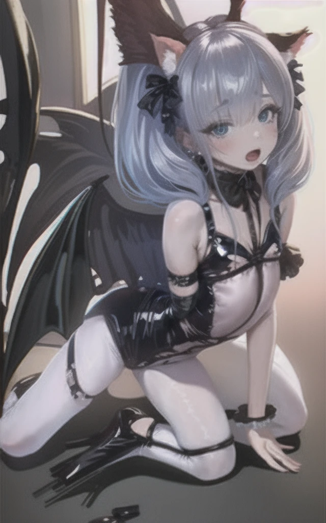 masterpiece,1girl,solo,cat ears,twintails, hair over one eye, demon_wings,small breasts, blue_eyes, blush,open mouth, low wings, torn legwear, (kneeling:1.3),bound arms, ((bondage)),shibari,rope,(arms behind back:1.4),indoors,