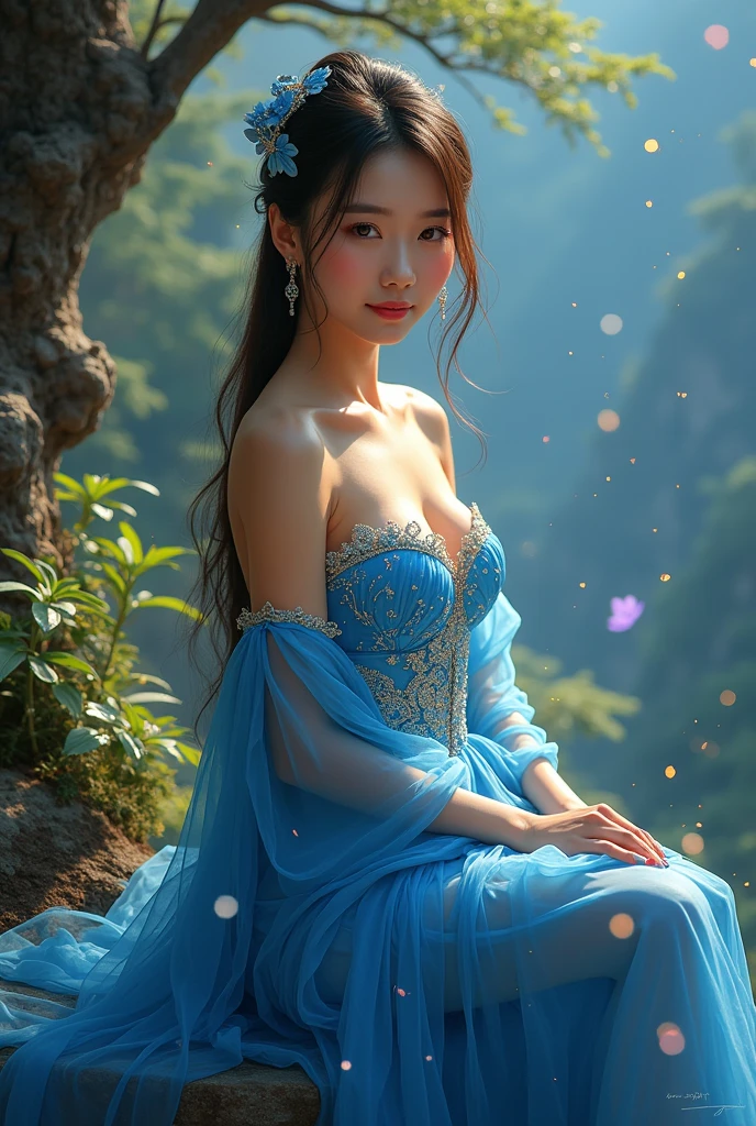 araffe asian woman in a blue dress posing in a pool, a statue inspired by Li Tang, trending on Artstation, fantasy art, japanese goddess, queen of the sea mu yanling, asian nymph bald goddess, giant stunning goddess shot, oriental fantasy, asian hyperdetailed, chinese empress, asian female water elemental, character is in her natural pose