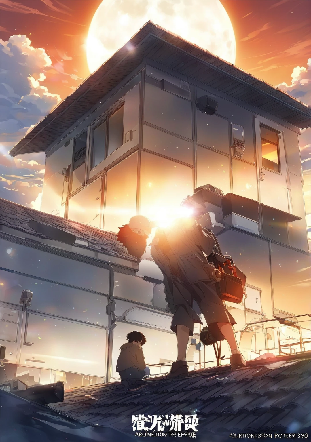 anime poster, Anime style, bright lighting, sunrise in the northwest with a red tint, a guy with a square face squats on a roof, Anime Face, Schoolboy, school uniform dark blue, high detail, quality, High resolution, high quality, Shine, Lens glare, camera at -30 degrees, behind it on the other side there is a weak and incomplete moon, boy stands epic 