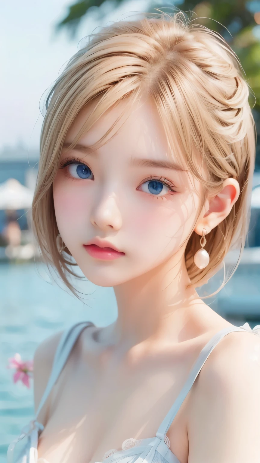 ((sfw: 1.4)), ((detailed face, professional photography)), ((sfw, extra short hair, sidelocks-hair, blond hair, Large, clear sky-blue eyes, earrings, 1 Girl)), Ultra High Resolution, (Realistic: 1.4), RAW Photo, Best Quality, (Photorealistic Stick), Focus, Soft Light, (()), (( (young face))), (surface), (depth of field), masterpiece, (realistic), woman, bangs, ((1 girl))