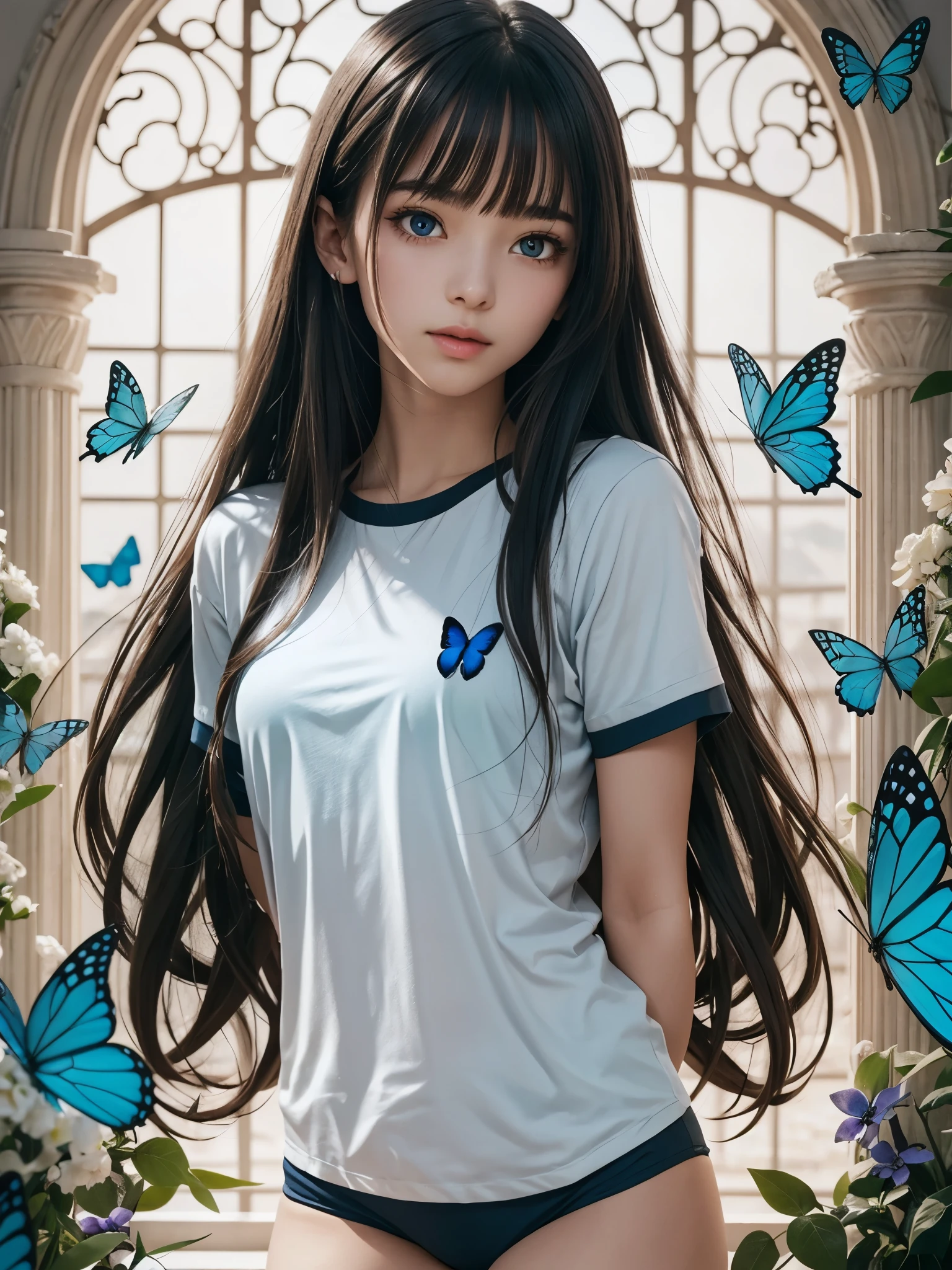 girl, body tilt, arms behind back, buruma, gym shirt, very long hair, flat bangs, very straight hair, thighs, looking at viewer, blushing, high quality, high resolution, detailed work, sexy, sensual, blue pupils, black hair, innocent, seductive, angelic, skay blue magical lake, bioluminescent blue butterflies surrounding her,