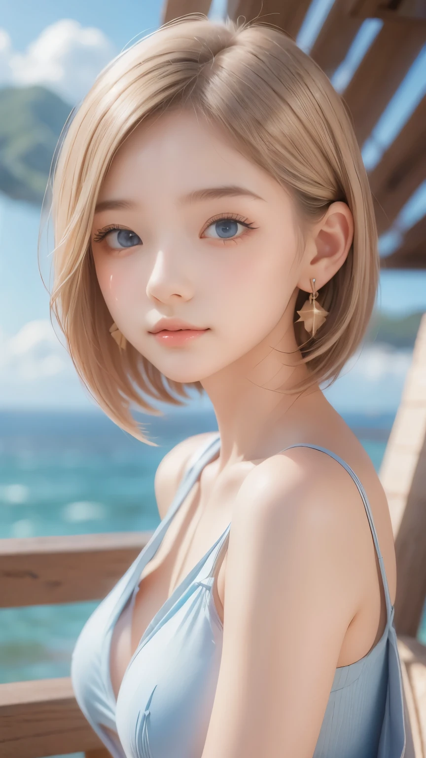 ((sfw: 1.4)), ((detailed face,  professional photography)), ((sfw, extra short hair, sidelocks-hair,  blond hair, Large, clear sky-blue eyes, earrings, 1 Girl)), Ultra High Resolution, (Realistic: 1.4), RAW Photo, Best Quality, (Photorealistic Stick), Focus, Soft Light, (()), (( (young face))), (surface), (depth of field), masterpiece, (realistic), woman, bangs, ((1 girl))