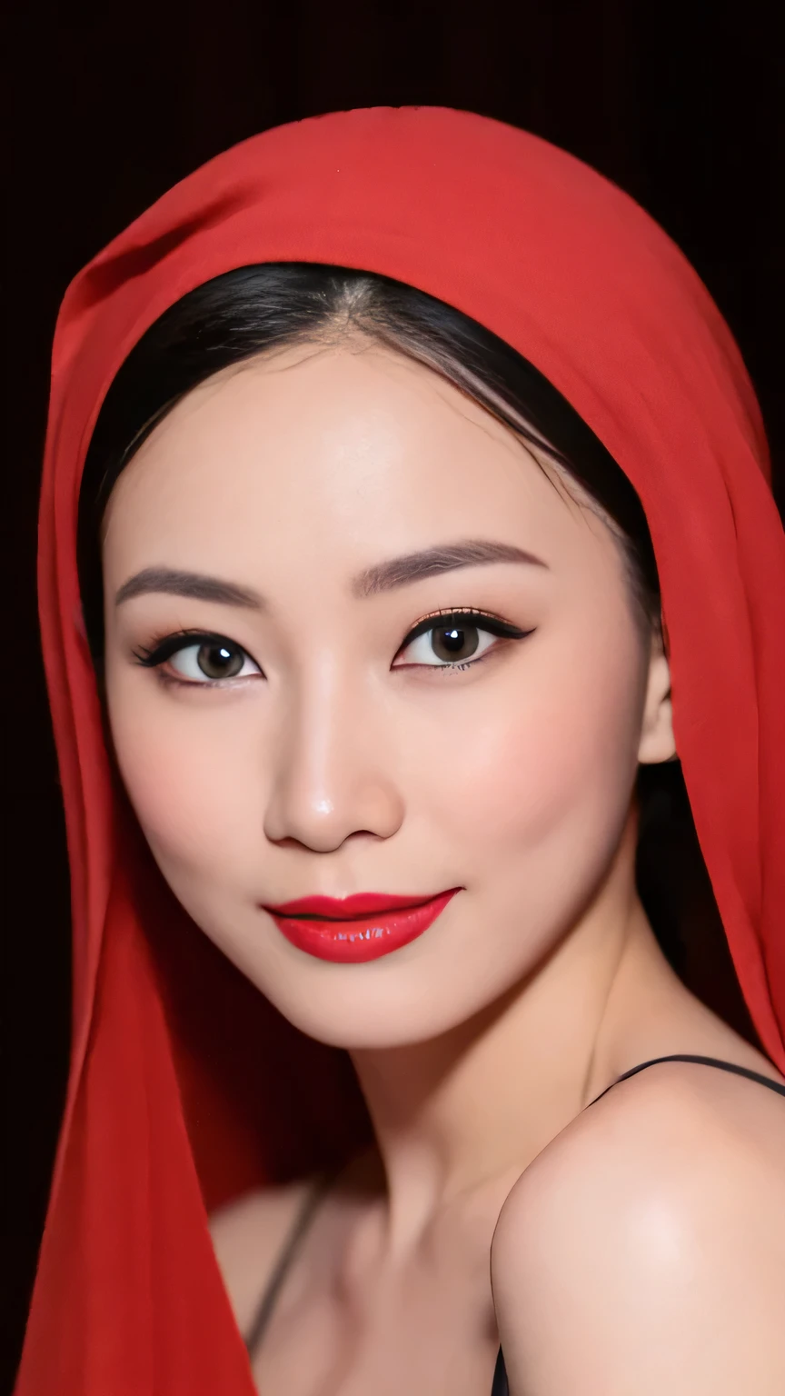 ((Realistic lighting, Best quality, 8K, Masterpiece: 1.3)), Clear focus: 1.2, 1 indonesian hijab girl, lolita , Perfect close up, beauty nude, naked, (Red hijab, medium saggy breasts: 1.3),  lace material, (indoor, night: 1.1), porn studio background, Super fine face, fine eyes, double eyelids, naughty smile, sexy seducing close up pose, Red Lipstick, Sensual Lipstick, Sensational Make up 