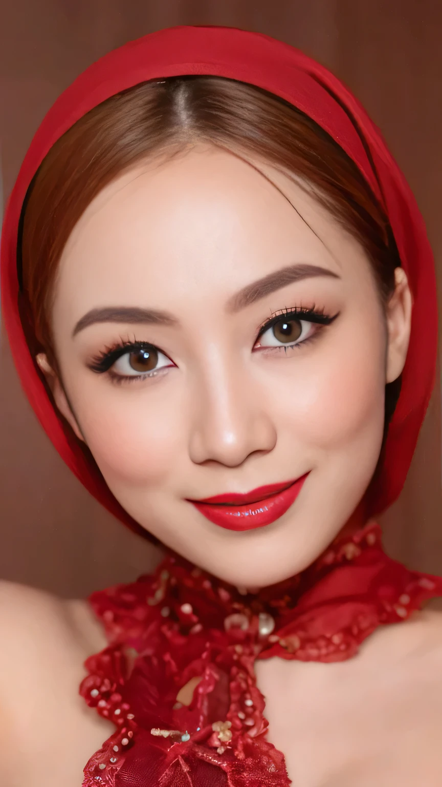 ((Realistic lighting, Best quality, 8K, Masterpiece: 1.3)), Clear focus: 1.2, 1 indonesian hijab girl, ta , Perfect close up, beauty nude, naked, (Red hijab, medium saggy breasts: 1.3), lace material, (indoor, night: 1.1), porn studio background, Super fine face, fine eyes, double eyelids, naughty smile, sexy seducing close up pose, Red Lipstick, Sensual Lipstick, Sensational Make up