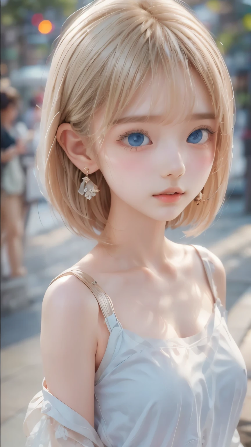 ((sfw: 1.4)), ((detailed face, professional photography)), ((sfw, extra short hair, sidelocks-hair, blond hair, Large, clear sky-blue eyes, earrings, 1 Girl)), Ultra High Resolution, (Realistic: 1.4), RAW Photo, Best Quality, (Photorealistic Stick), Focus, Soft Light, (()), (( (young face))), (surface), (depth of field), masterpiece, (realistic), woman, bangs, ((1 girl))