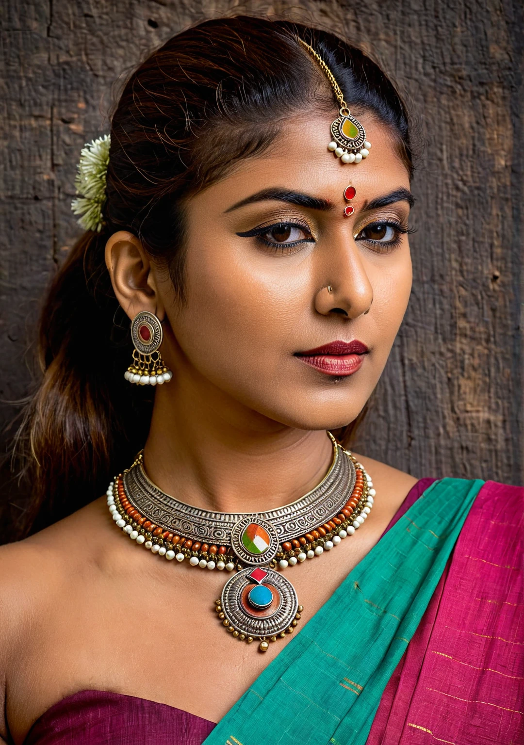 Looks like Nayanthara, aesthetic Portrait shoot for Indian ethnic jewellery brand, tribal theme photoshoot, jewellery inspired by The Lambani artisans from Karnataka create a multicoloured brass neckpiece with a metal band containing metallic ornaments. Inspired by traditional Lambani tribal jewelry, the jewelry features motifs and colors inspired by copper, white metal, and silver. The artisans create pendants and cotton beads using hand thread work, oxidizing or coating them for a final look. The jewelry is a raw and rustic aesthetic, showcasing the artisans' skill and dedication to their craft.