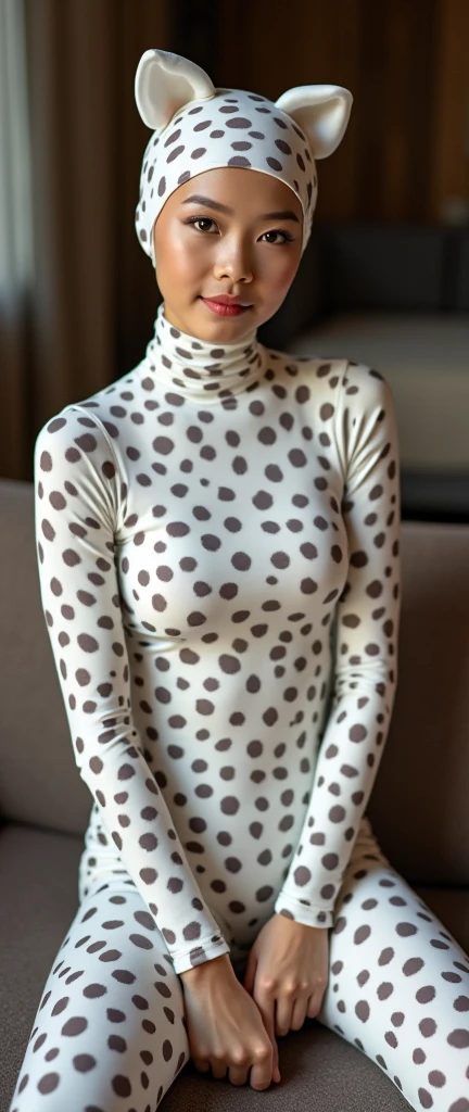 The beautiful asian adult girl with beautiful cheeks wears dalmatian lycra turtleneck unitard catsuit covered with a lot of spots.She wears lycra elastane dancewear hood.She is happy.