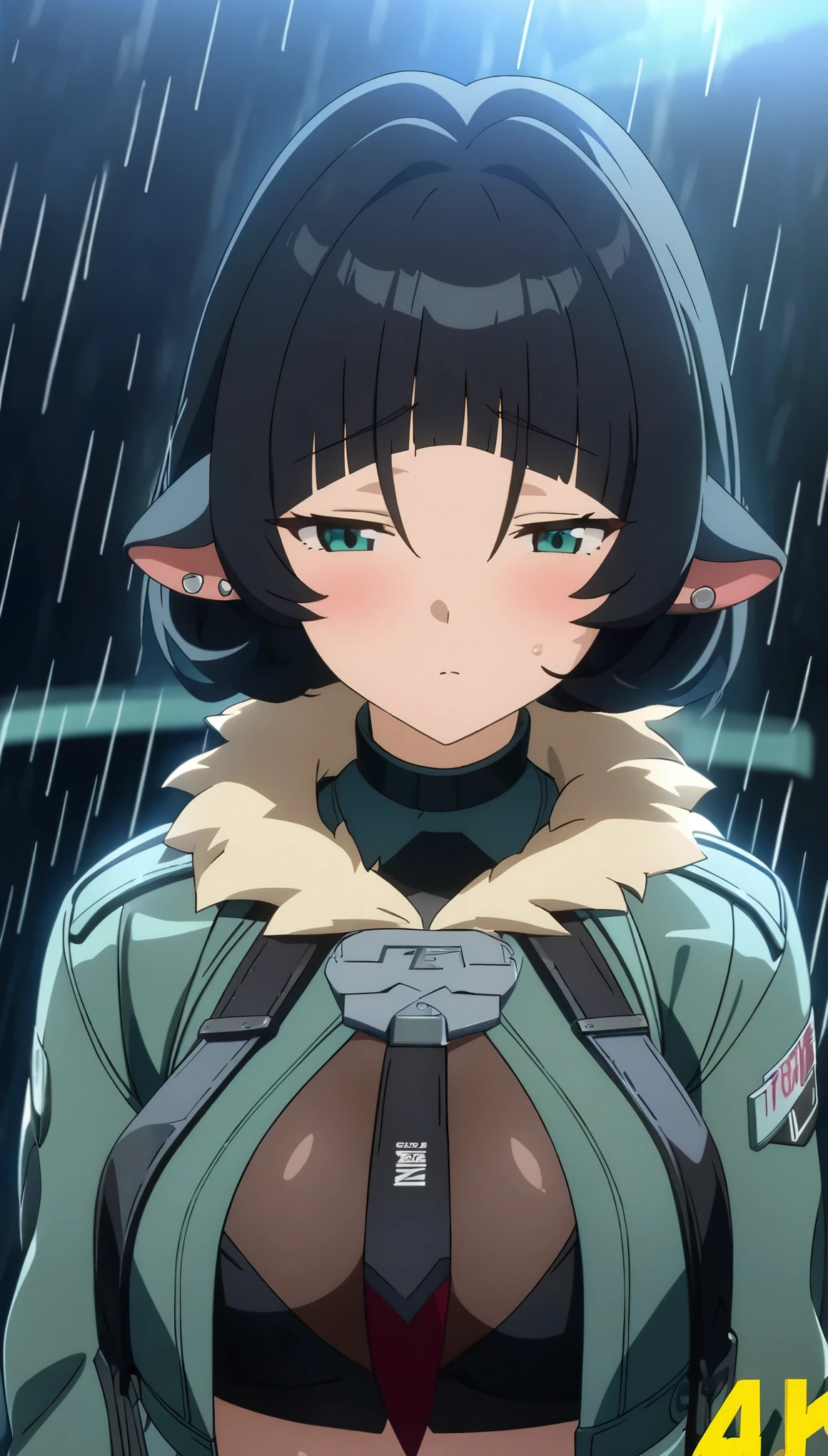 masterpiece,high resolution,Anime Art,Anime Numbers, 4k anime wallpaper,Radiant Skin,Soft Light,Looking at the camera,Solitary,An anime girl,Zero Zone Jane Du,blush,charming,Black hair,Black lop ears,Open neckline,chest,Green eyes,Facing the audience,Close-up of face,Dark sky,rain,Four screens