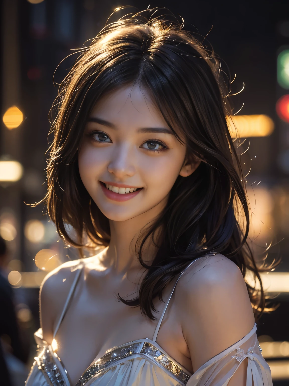 8k,Highest quality,(masterpiece:1.2),(Realistic),(Realistic:1.37),Ultra-high resolution,1 female college student,smile,Beautiful Eyes,Beautiful teeth alignment, In town,(((Cute casual clothes))),Big Breasts,Perfect body,Perfect Fingers,Professional Lighting,gravure,Detailed face and skin texture,fine grain,RAW Photos