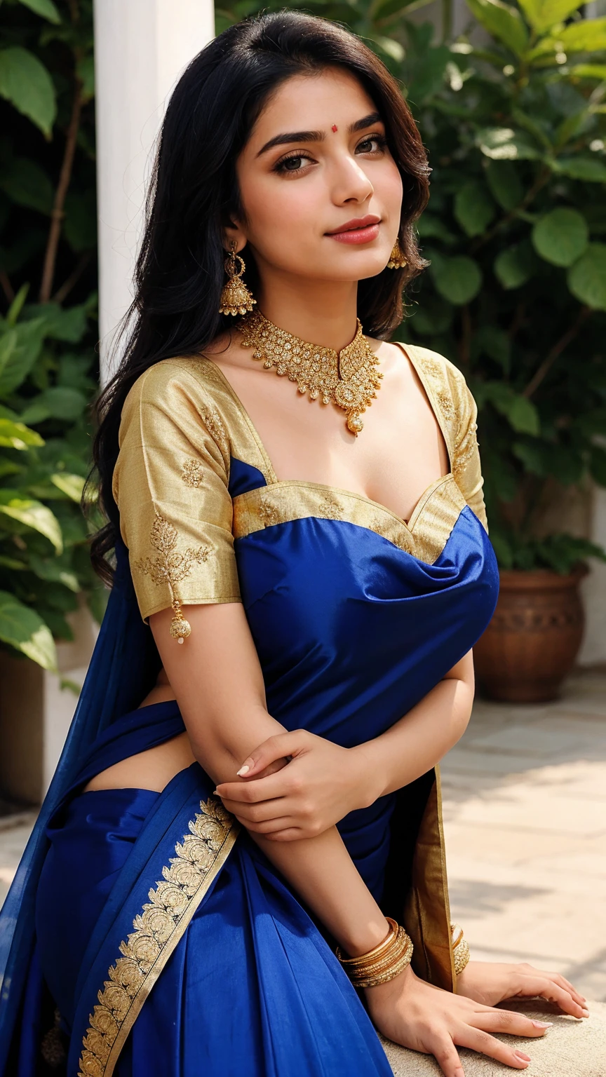 there is Pakistani a woman with big , long straight black hair , realistic face , young and cute girl , 1 , attractive girl , cute beautiful , very beautiful girl , 2 , 2 , with cute - beautiful - face , girl with cute face , Indian , Girl next door innocent look , cute seductive smile , portrait, big breasts , A rich royal blue Banarasi saree made of silk, featuring golden zari work in traditional floral motifs along the borders and pallu. The blouse has quarter sleeves with matching gold embroidery. The saree is accessorized with gold bangles, a pearl choker necklace, and a pair of matching gold jhumkas. The look is completed with a matching blue embroidered potli bag.