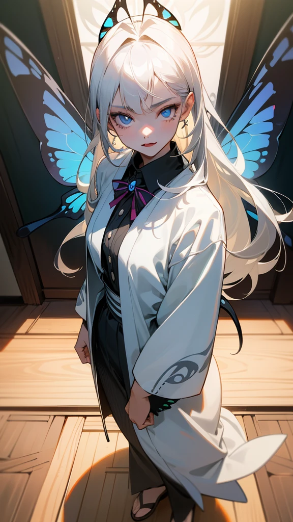 1 girl, man, perfect anatomy, mesmerizing blue eyes, antenna, 8k resolution, (one person), white kimono with butterfly wing patterns, (realism: 1.2), (masterpiece: 1.2), (cowboy frame: 1.2), dark romantic lighting, (high detail: 1.2), (detailed face: 1.2), (full body shot: 1.2), (gradients), bright, detailed eyes, (natural light: 1.2),solo, hotel, indoors, perfect lighting, (black lips), vampire fangs, bug-like eyes, white haori, blue eyes, perfect facial features, perfect angle, perfectly drawn eyes, woman, top view, full-length, buttoned shirt, skinny, butterfly wings, gray skin, white hair, very long hair,