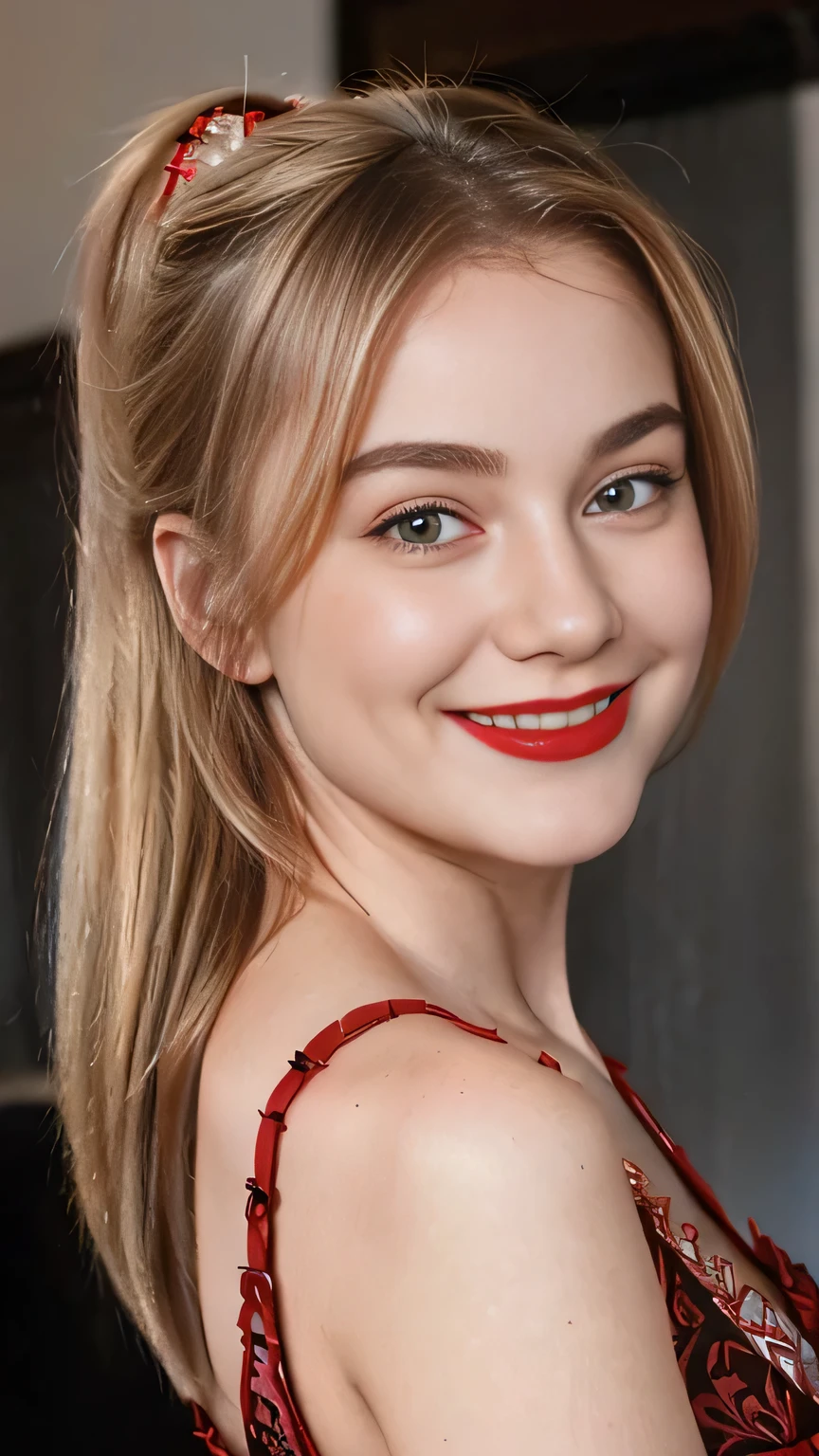 portrait photography, sabrina carpenter, blonde, red lipstick, smiling, proper eye position, natural skin, highly detail, hd, 8k, botox lips, age fifty, giant ?????, ?????