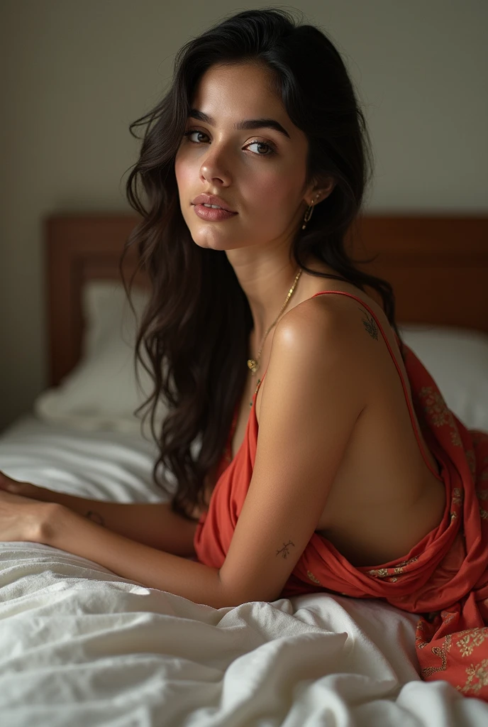 A beutiful indian girl seting on bet in romentic style without cloths