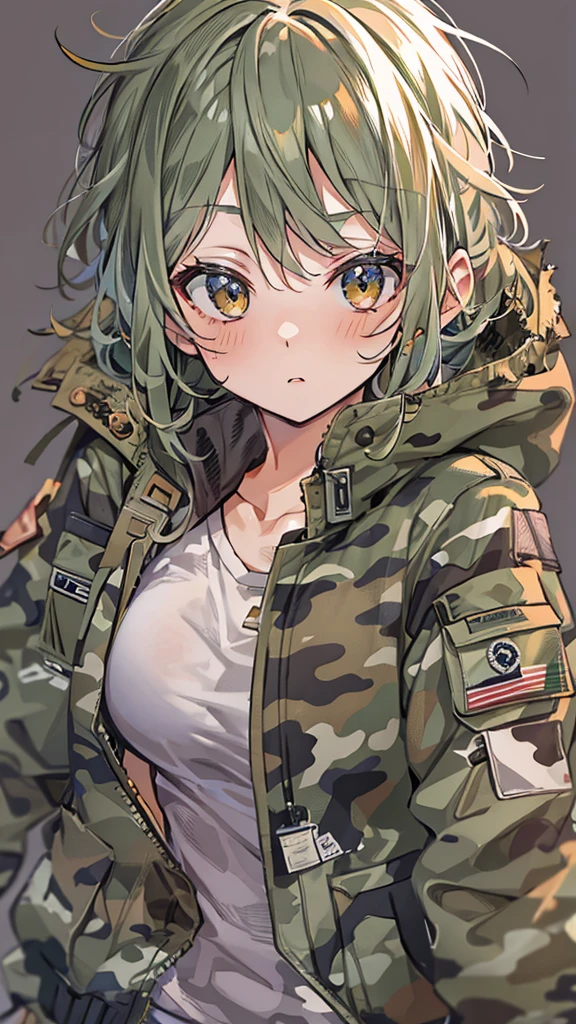 1girl, solo, (sleeves past wrists:1.2), (sleeves past fingers:1.2), long sleeves, (camo pattern hoodie:1.2), white background, simple background <lora:moesode:1.0>