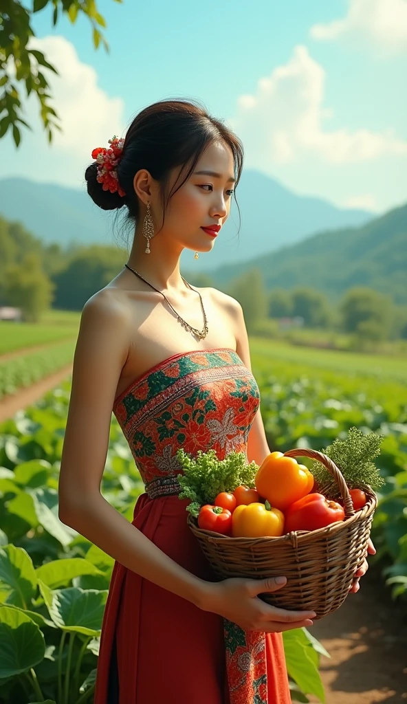 Vietnamese girl wearing ao dai, chubby body, big round firm breasts, sharp detailed face, beautiful dress, smile, ao dai with slits on both sides, scene at a rural market, fat body, super big breasts, sitting