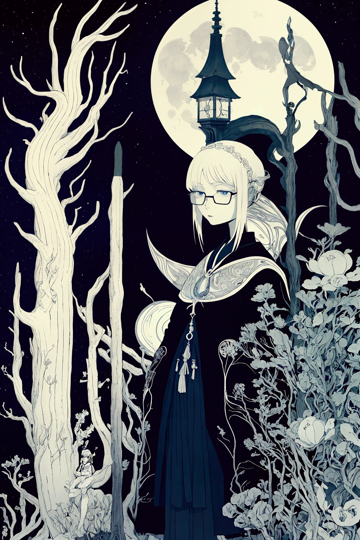 Kay Nielsen, Asbjørn Aamodt, Olga Čechová, Akiko Higashimura, Radek Pilař, Surrealism Mysterious Weird Fantastic Fantasy Sci-Fi, Japanese Anime, Moonlit Night and Glasses, Miniskirt Crescent Beautiful Girl, perfect voluminous body, Telephone Pole Dream, detailed masterpiece 