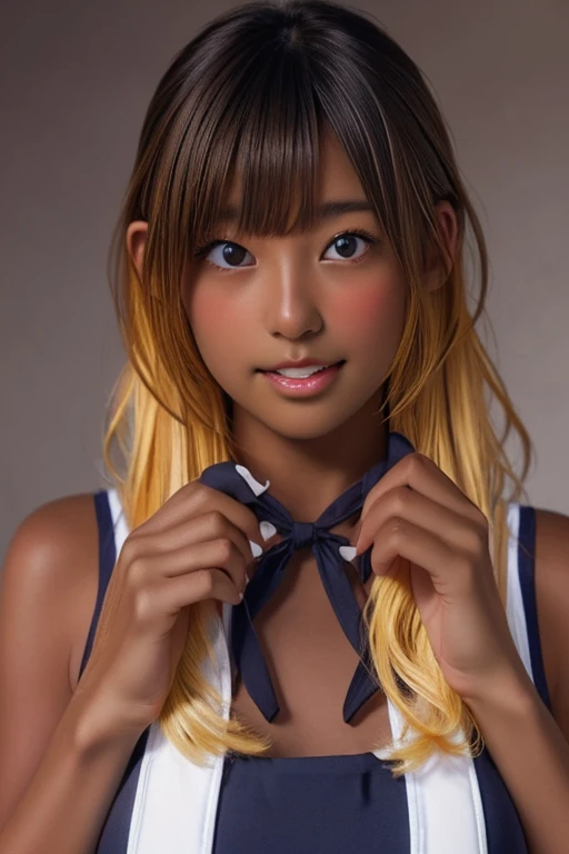 (((( one girl )))), Put your hand over your mouth、Beautiful breasts、 Brown eyes, ((Gal Hairstyles)) blonde, girl, (Eye and facial details:1.0), break, (masterpiece, Highest quality, Very detailed, Detailed face, 8k),( dark skin:2.05 ), (((( school swimsuit )))),( open mouth ),(((( thick lips ))))