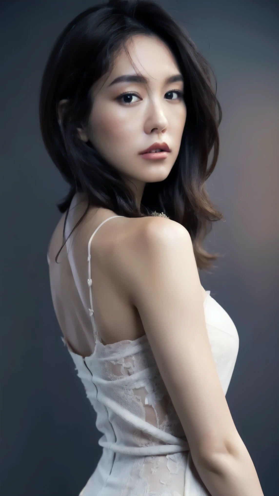 One Girl,(RAW Photos, Best Quality), (Realistic, photo-Realistic:1.4), Shiny white lace one piece swimsuit,masterpiece, So delicate and beautiful, Very detailed, 2k wallpaper, wonderful, Precision decoration, Very detailed CG unity 8k wallpaper, Very detailedな, High resolution, Soft Light, Beautiful detailed woman, Very detailed eyes and face, Beautifully detailed nose, Beautiful fine details,Cinema Lighting,Night City,Perfect Anatomy, whole body:1.4、A very clear moonlit night、Sweat a lot、Accentuate your butt、