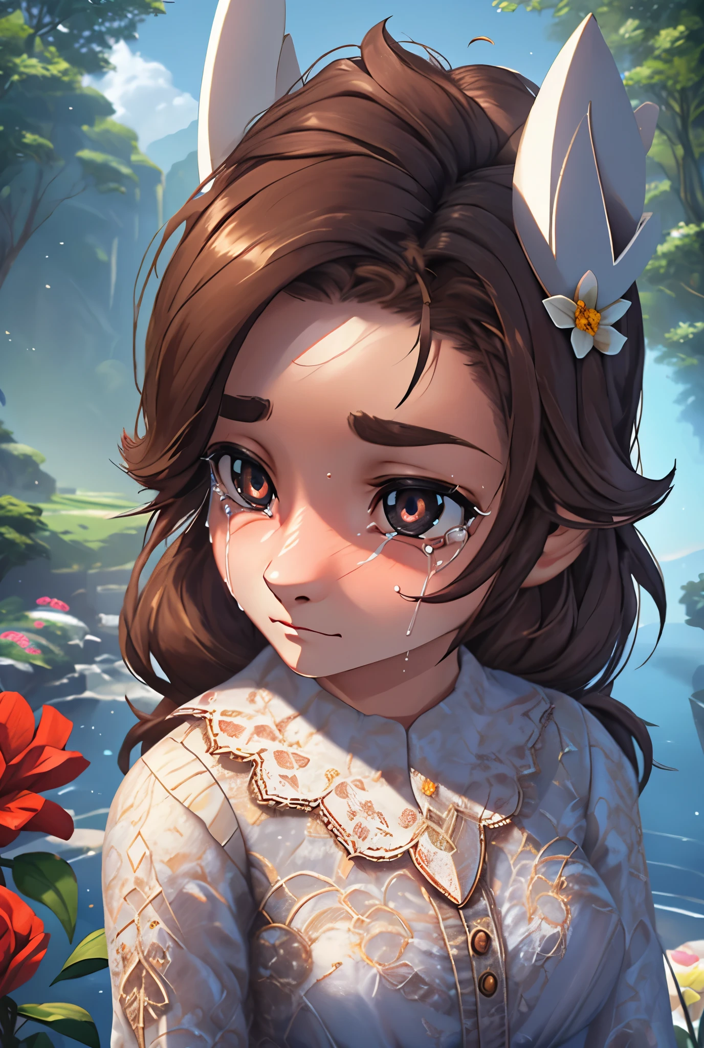 a beautiful young girl, anatomically correct detailed facial features, direct eye contact, fake sheep-like ears, tears streaming down face, sobbing expression, Kubrick stare, flower-shaped moe-hollow knight inspired pupils, foreshortened isometric view, chiaroscuro lighting, timeless modern photorealistic professional 3D style, vintage Sims character design, best quality,4k,8k,highres,masterpiece:1.2,ultra-detailed,realistic,photorealistic,photo-realistic:1.37,HDR,UHD,studio lighting,ultra-fine painting,sharp focus,physically-based rendering,extreme detail description,professional,vivid colors,bokeh