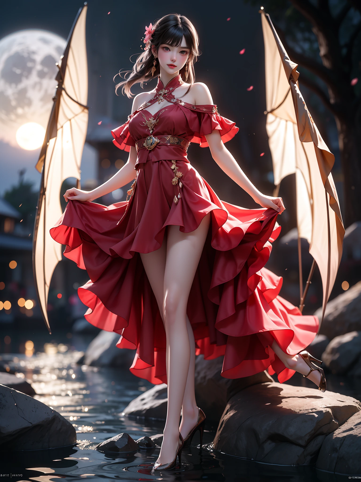 newchinesestylesuit (High quality details), 1 Girl, solo, Young women, Elegant Posture, ((night, moonlight)), (Female figure，Lying in the water naturally，River Water，rock, Relaxed expression), (Focus on natural body posture and correct anatomy:1.3), (Perfect leg proportions:1.3)，(True and accurate leg shape:1.2), ((Natural leg position)), The skirt is very short, One hand stroked the hem of the skirt, Lift the hem of your skirt, Bare shoulders, Natural posture, Soft expression, Exquisite makeup, Soft blush, Bright Eyes, Soft lips, Flower fairy style, ((Anatomically accurate)), (Real natural legs), Smooth skin, Soft lighting, high resolution, 8K Ultra HD, Clear focus, Professional photography effects, Random elegant scenes, Multi-angle shooting