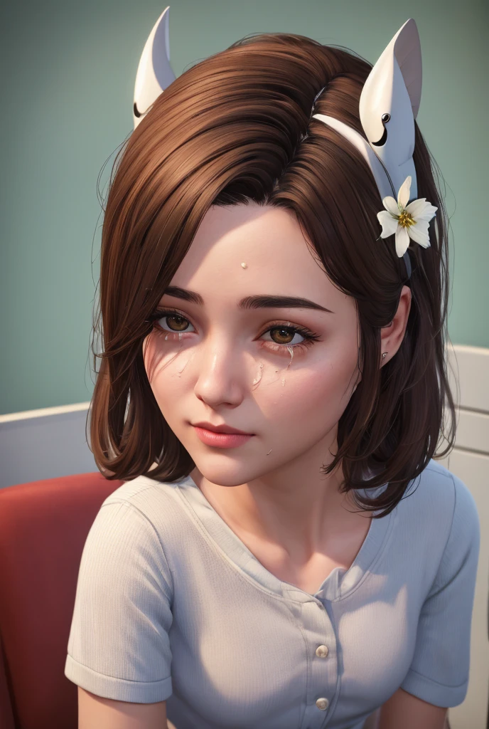 a beautiful young girl, anatomically correct detailed facial features, direct eye contact, fake sheep-like ears, tears streaming down face, sobbing expression, Kubrick stare, flower-shaped moe-hollow knight inspired pupils, foreshortened isometric view, chiaroscuro lighting, timeless modern photorealistic professional 3D style, vintage Sims character design, best quality,4k,8k,highres,masterpiece:1.2,ultra-detailed,realistic,photorealistic,photo-realistic:1.37,HDR,UHD,studio lighting,ultra-fine painting,sharp focus,physically-based rendering,extreme detail description,professional,vivid colors,bokeh