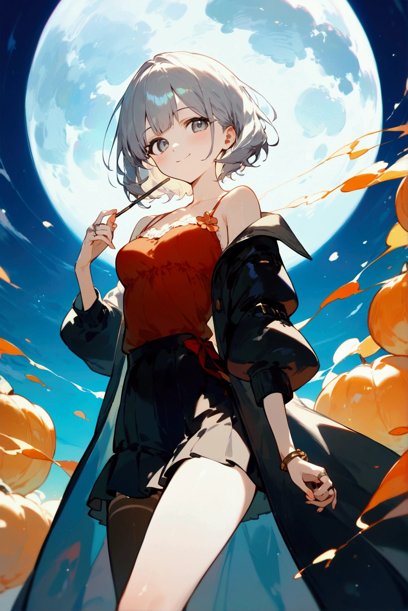 Alone,Medium Breast、Beautiful mixed race face,Grey Hair、Wolf Short Hairstyle、blonde, Sharp focus、Light grey eyes、Gal、With makeup、be happy、Red cheeks、smile、Inner camisole、Black jacket、Black Skirt、tights、Rockstar、Vocaloid、ring、Smoking、Wizard、Magical Girl、Halloween、Big Moon、Ghost、Night illumination