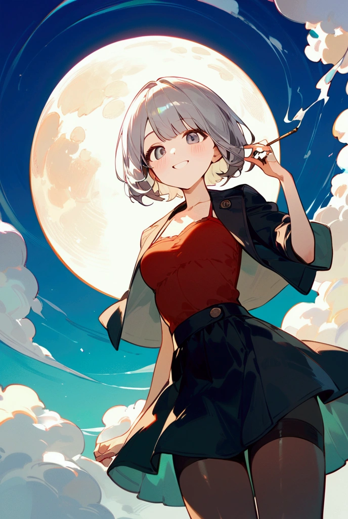 Alone,Medium Breast、Beautiful mixed race face,Grey Hair、Wolf Short Hairstyle、blonde, Sharp focus、Light grey eyes、Gal、With makeup、be happy、Red cheeks、smile、Inner camisole、Black jacket、Black Skirt、tights、Rockstar、Vocaloid、ring、Smoking、Wizard、Magical Girl、Halloween、Big Moon、Ghost、Night illumination