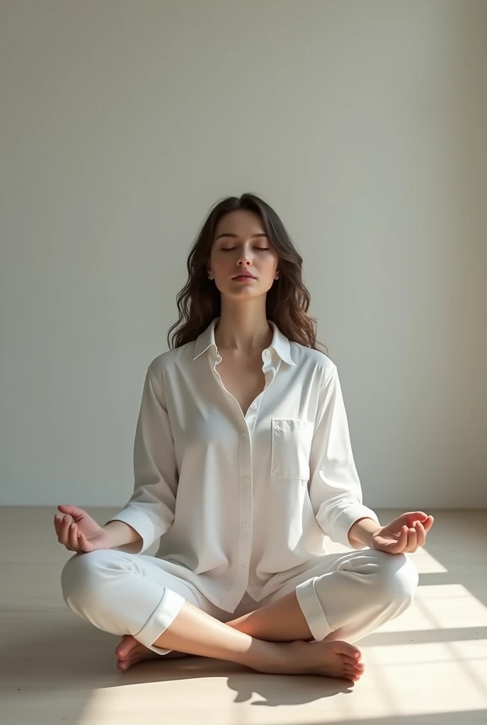 A woman meditating. The setting is one of peace that exudes relaxation. The objective is to evoke feelings of calm, concentration and well-being in those who view the image