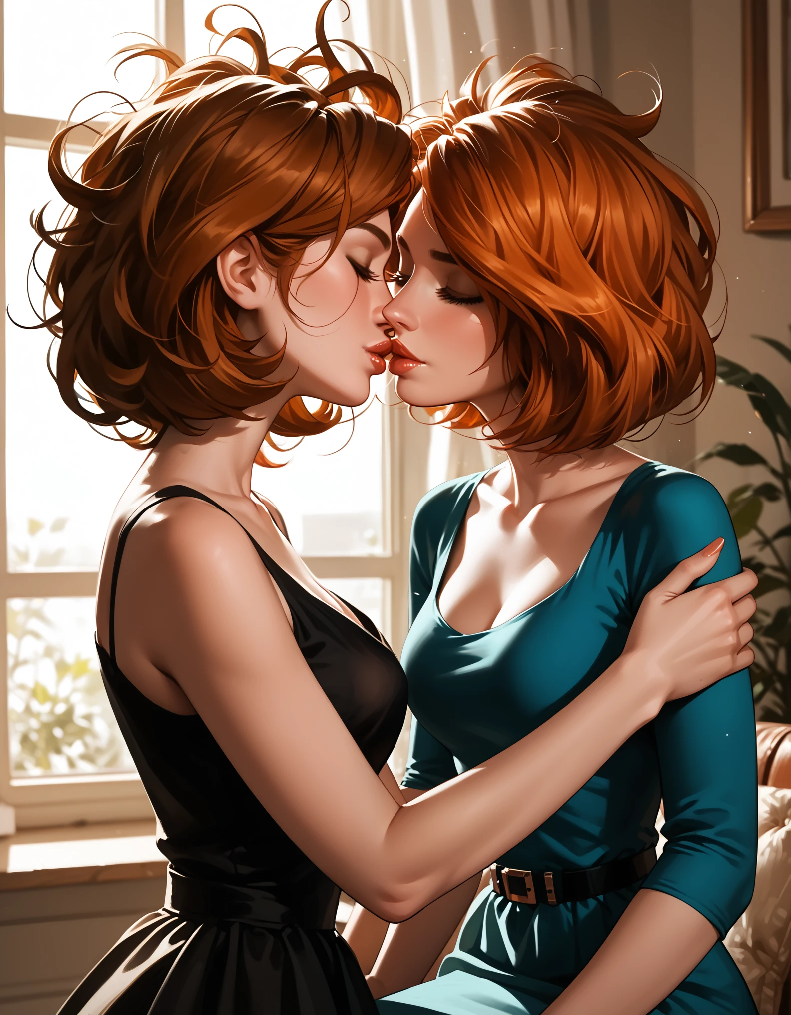 score_9, score_8_up, score_7_up, rating_questionable, epiCPhoto, 2girls, duo, couple, yuri, very sexy (Aunt Cass, brown hair, messy hair, short hair, wearing a black_dress:1.5), and (annpossible, orange-red hair, short hair, wearing a teal_dress:1.4), (focus on lips, after the kiss, lips close together:1.3), upright straddling, beautiful, graceful, elegant, beautiful scene, soft romantic lighting, in love, loving look on their faces, flirt, gaze, sexy look, eyes closed, head tilt, filled lips, thick lips, makeup, dark, moody, (dimly lit:1.4), highly detailed, sexy scene, absurdres, 4k, masterpiece, best quality, perfect hands, cowboy shot.