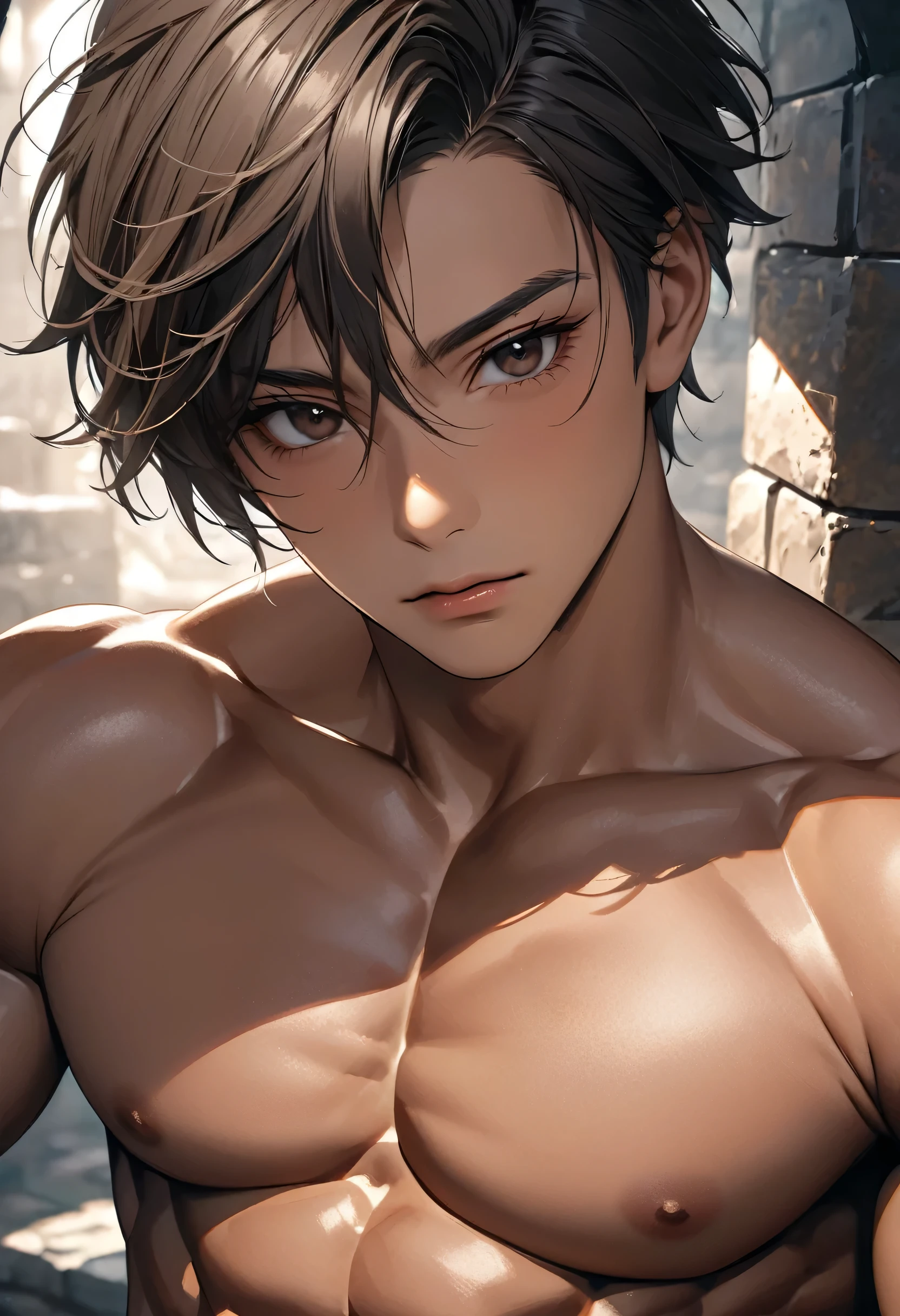 high quality, (japanese 17 years old boy), (detailed black eyes), (black hair), (muscle:1.5), naked, (shiny skin), crossed harness, black thong, bulge, (detailed puffy nipples), looking at viewer, candle, dungeon, best quality, 4k, highres, (masterpiece:1.2), (realistic, photorealistic, photo-realistic), looking at viewer, (face close up:0.6), smirk,--no watch,