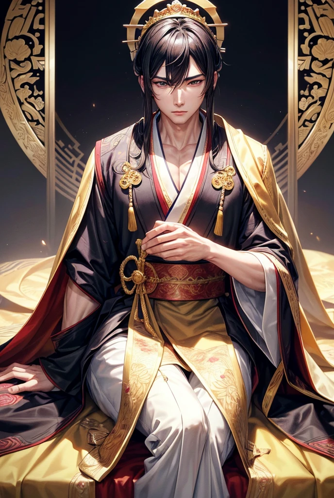 (Perfect details: 1.5, 8k wallpaper, masterpiece, best quality, Extremely detailed) A man, artifice, Chinese emperor, Exquisite facial features, Asian Face, Black short hair, Thinning hair, Tie your hair up, Gold Embroidered Dragon Skirt, Hanfu, Sitting on the Dragon Chair, Place your hands on your head, Palace Background, Ancient Gold Emperor's Crown