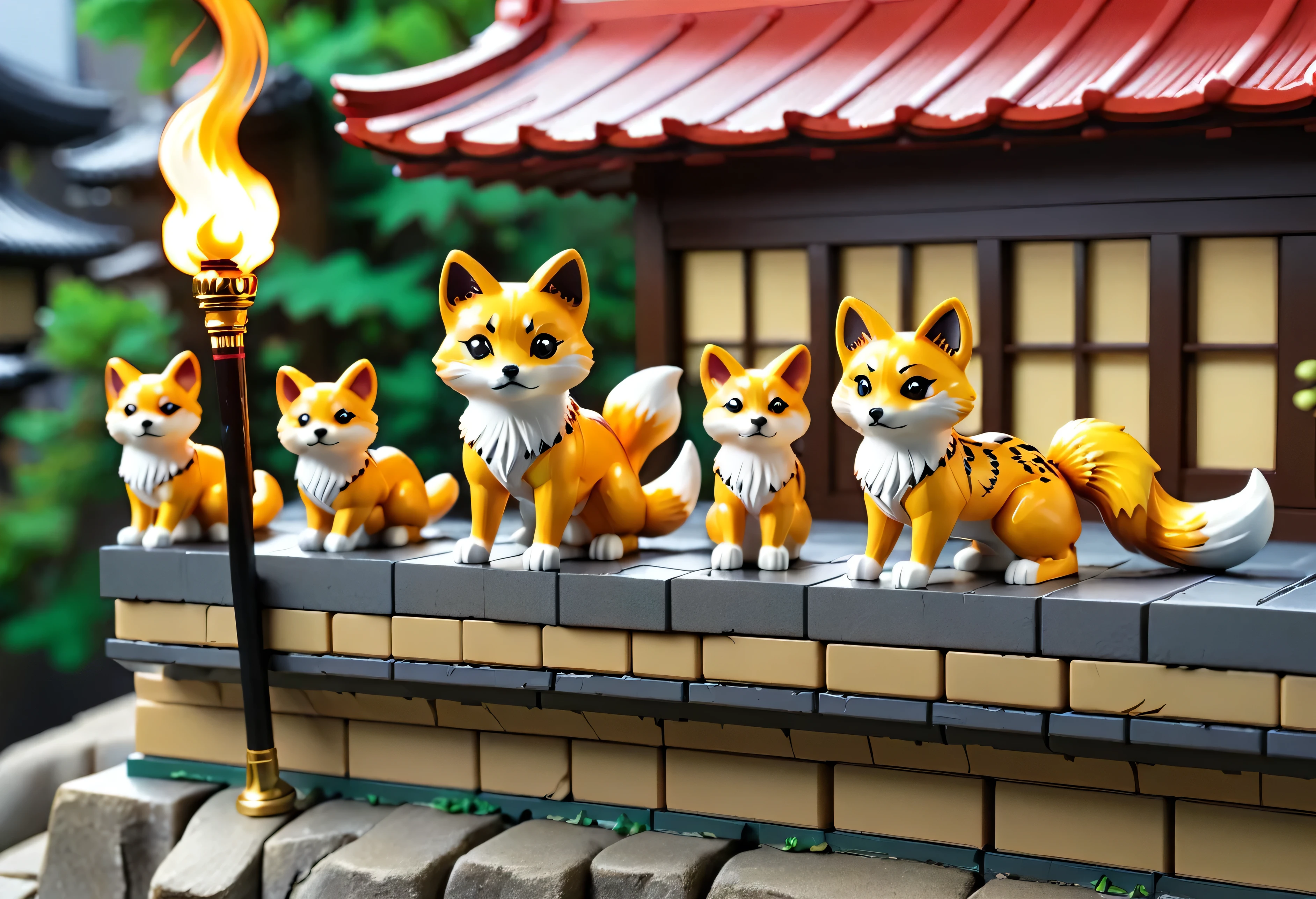 there are many small figurines of cats sitting on a ledge, colorful kitsune city, phalanx of ashigaru mice, shiba figurine, beastars legoshi, figurines, 3 4 5 3 1, legoshi from beastars, kitsune holding torch, by Adam Manyoki, foxes, masterpiece work of art, by Romain brook