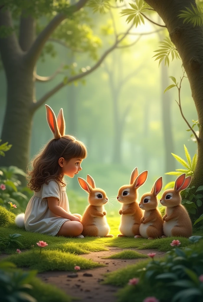 A rabbit family is sitting in front of a girl in forest - SeaArt AI