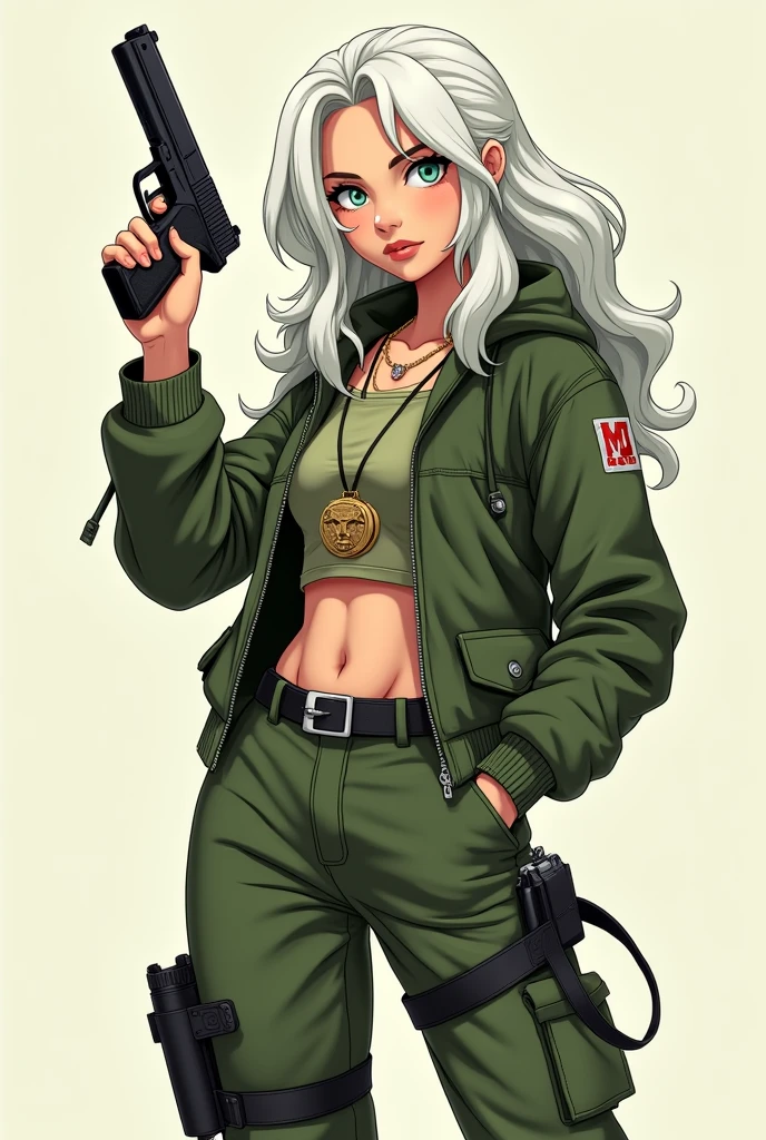 green solid background, 1 woman, best quality, ultra high res, long hair, full lips, white hair, red eyes, loose military jumpsuit, dog-tag necklace, smiling at viewers, wearing black gloves, wearing black combat boots, double D breast, standing, full body