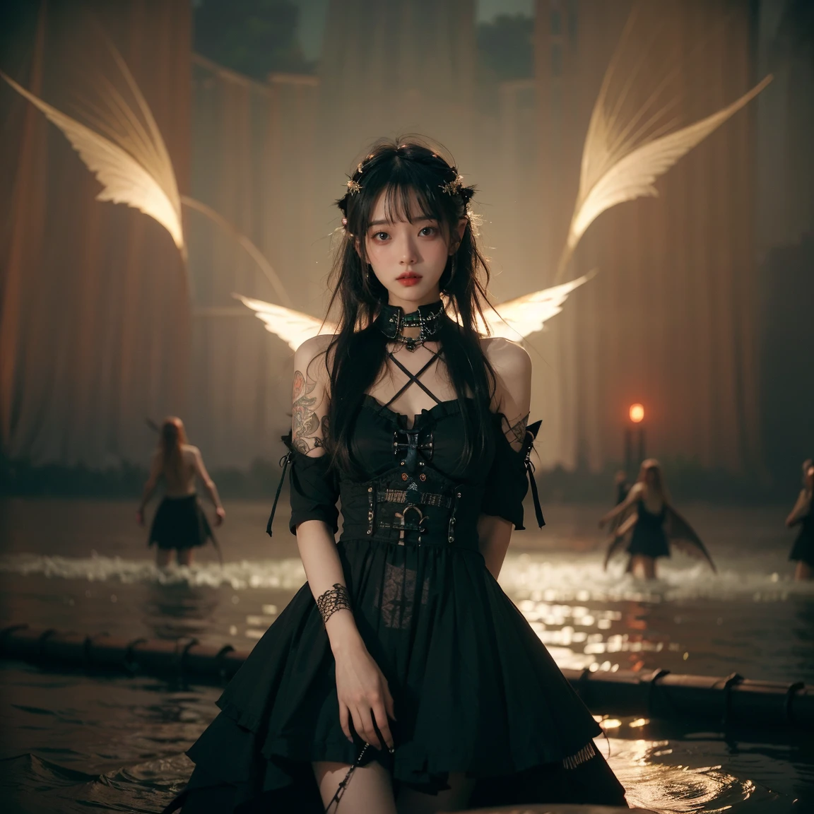 artistically refined, true-to-life visuals, breathtaking aesthetics, diffused natural skin glow, Girl , 24-years-old, slender, floating Medium Hair, bangs, (Gothic_punk dress:1.2), masterpiece, best quality, RAW Photos, candytt, zwd, (Midsummer Night's Dream:1.4)