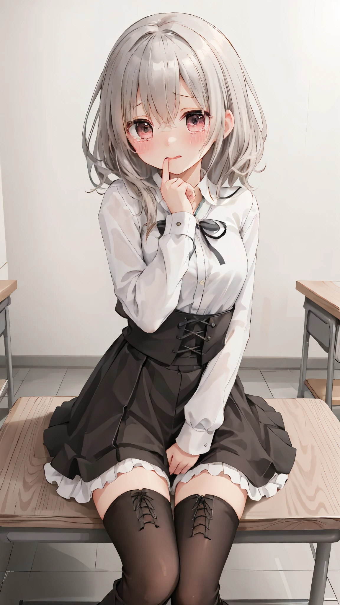 Black lace-up boots，White pantyhose，blush shy，classroom scene，girl，，((Absurd)), ((on the table)), (best quality), (lens flare), (Very detailed), (beautiful), ((cute girl)), Solitary, beautiful face, White skin, on the table, (: 1.3), , 、A girl goes to the toilet、 Everlasting, Crying, Close your eyes, Tears flow from the eyes, The embarrassment comes from, blush), (girl is peeing: 1.2),, Look away, sit, Awkward, blush, Mouth slightly open, classroom (girl leaking urine): 1.5)，Lift up the skirt
