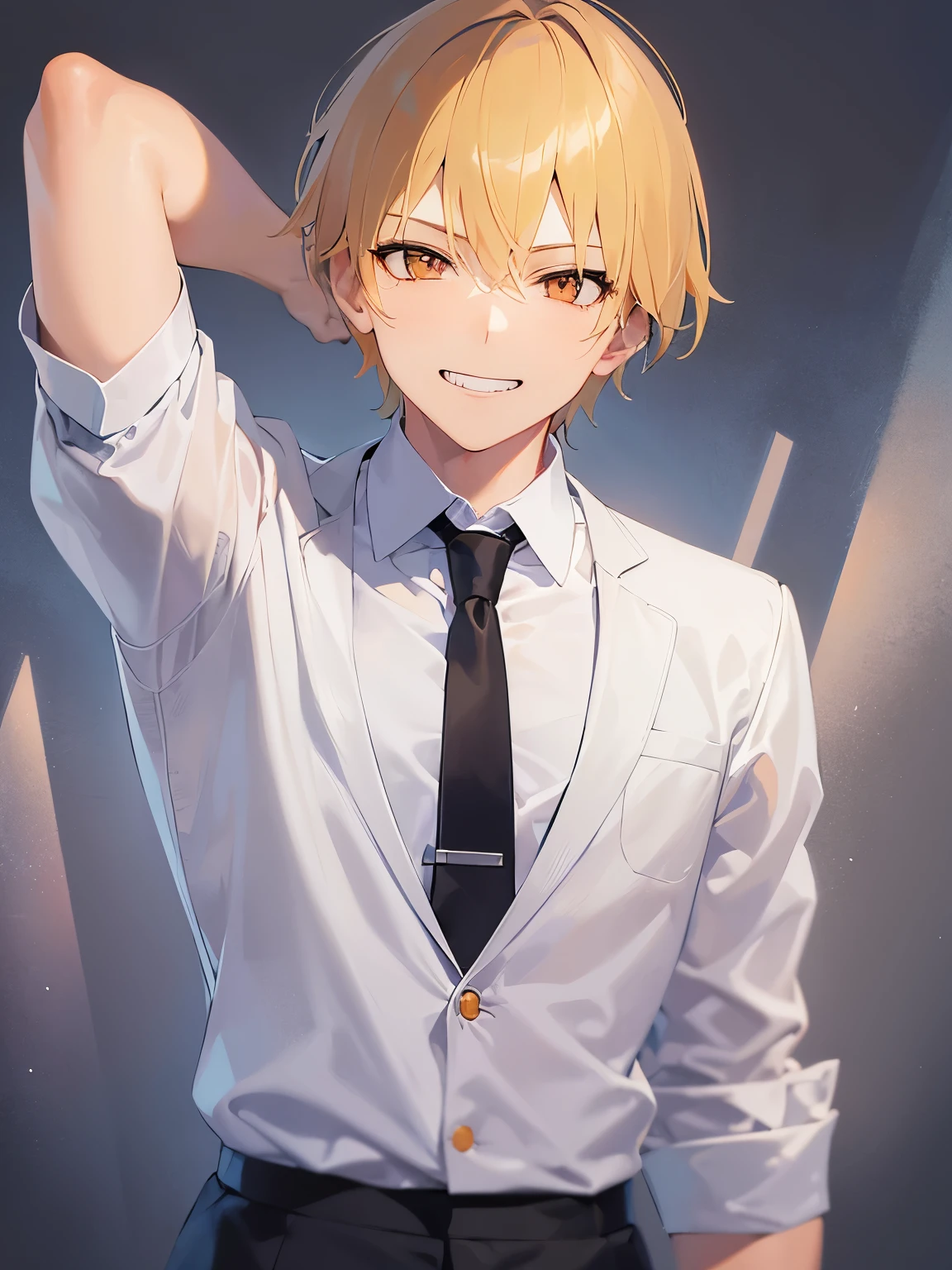 Anime boy in a white shirt and black tie posing for a picture - SeaArt AI