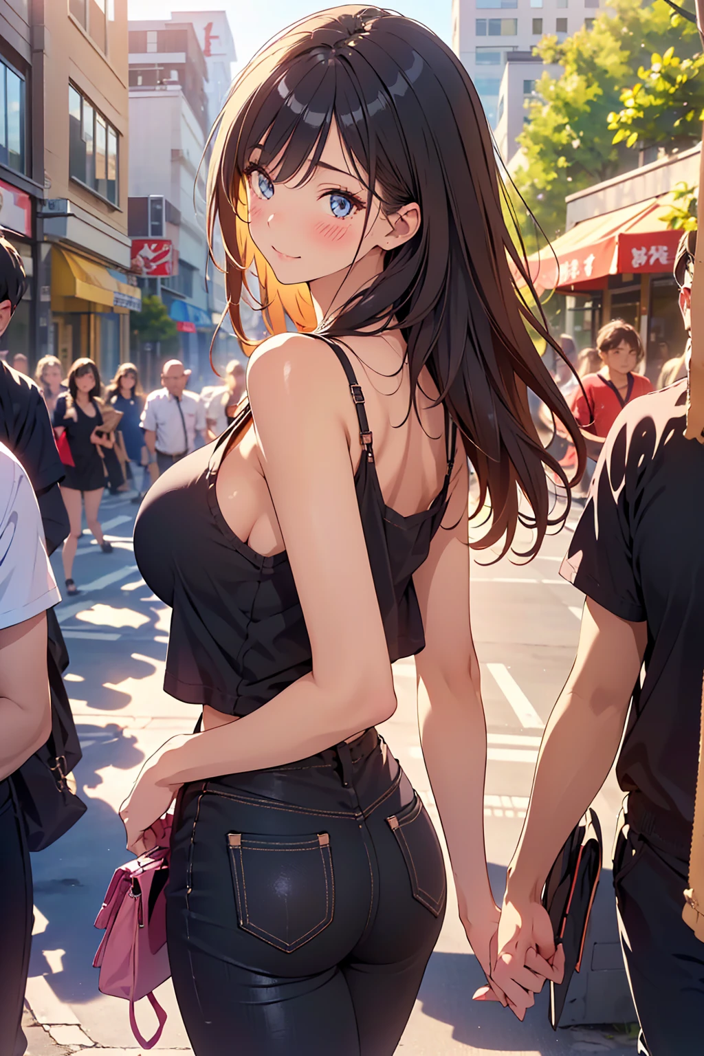 ((Straight, shoulder-length black hair,Shiny hair))、(((Light eye makeup)))、(()), (random, Shy pose)), (()), Half Japanese and half Korean、a woman, 23age, cute, beautiful, fun, (((Embarrassing, blush))),  Light eye makeup, Brown Hair Color, (natural large breasts:1.2), Average pretty woman, Ultra-realistic faces, Smiling expression, Detailed Shiny hair, Beautiful Hair,Soothing lighting effects, Ultra-Realistic Capture, Very detailed, High resolution, 16k, Human skin close up、((Natural skin texture, Detailed skin, Healthy Skin)), Even Tone, Natural light, Natural colors, High quality photos taken by modeling agencies, ((cowboy shot)), (To the audience), ((cute, Natural Color , random color, cute  shirt:1.3))), Casual tank top, Seductive pose, foolishness,
, ((city, street)), ((At work, walking), (((focus from behind))),