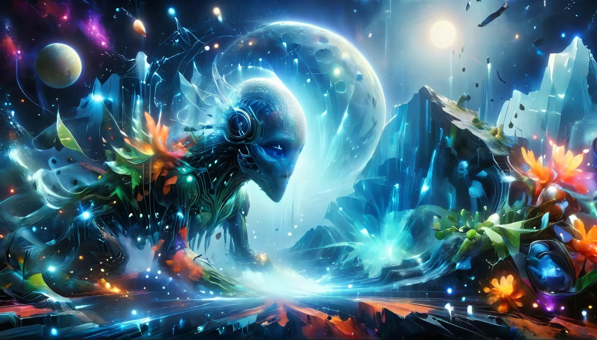 （best quality，4K，8k，HD，masterpiece：1.2），Super detailed，lifelike，alien landscape，beauty，Colorful，original，otherworldly，exotic，alien creature，dense vegetation，Otherworldly plants and flowers，glowing mushroom，floating rocks，bioluminescent organisms，ethereal atmosphere，unusual geological formations，crystal-like structure，Alien sky with multiple moons and nebulae，strange constellations，amazing wildlife，unexplored terrain，Vivid and contrasting colors，Weird lighting effects，The ruins of an unknown civilization，alien architecture，energy ball，beam，alien energy，Celestial energy，Peaceful and mysterious atmosphere，spectacular view，majestic mountains，fall，Surreal reflections，Coexisting alien creature，Alien life forms with unique characteristics，close celestial body，strange celestial event，a profound sense of wonder and awe，Intrepid explorer discovers secrets of alien world，infinite possibilities。