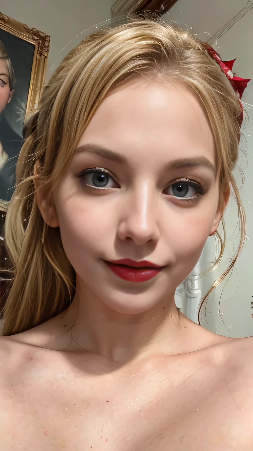 face shot, close face shot, face portrait, close up zoom on face portrait art by Albert Lynch, John Singer Sargent and James Tissot, blonde hair, back ponytail, seductive smile,cute smile, wearing red G-string, sexy woman, hot, intricate, masterpiece, beautiful breasts, Red Lipstick, sensual Lipstick, Sensational Make up