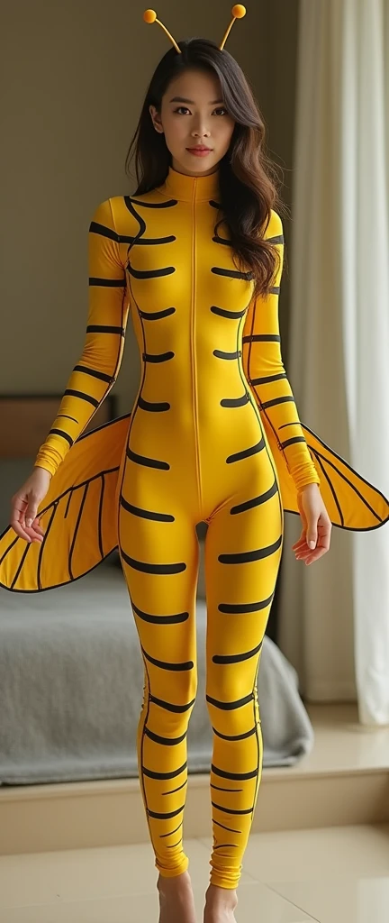 a beautiful and thin malaysian asian muslim adult girl with a shiny and beautiful face wears yellow bee lycra turtleneck unitard catsuit covered with black stripes with a pair of wings and always wear bee lycra dancewear hijab covered with black stripes.She is buzzing.