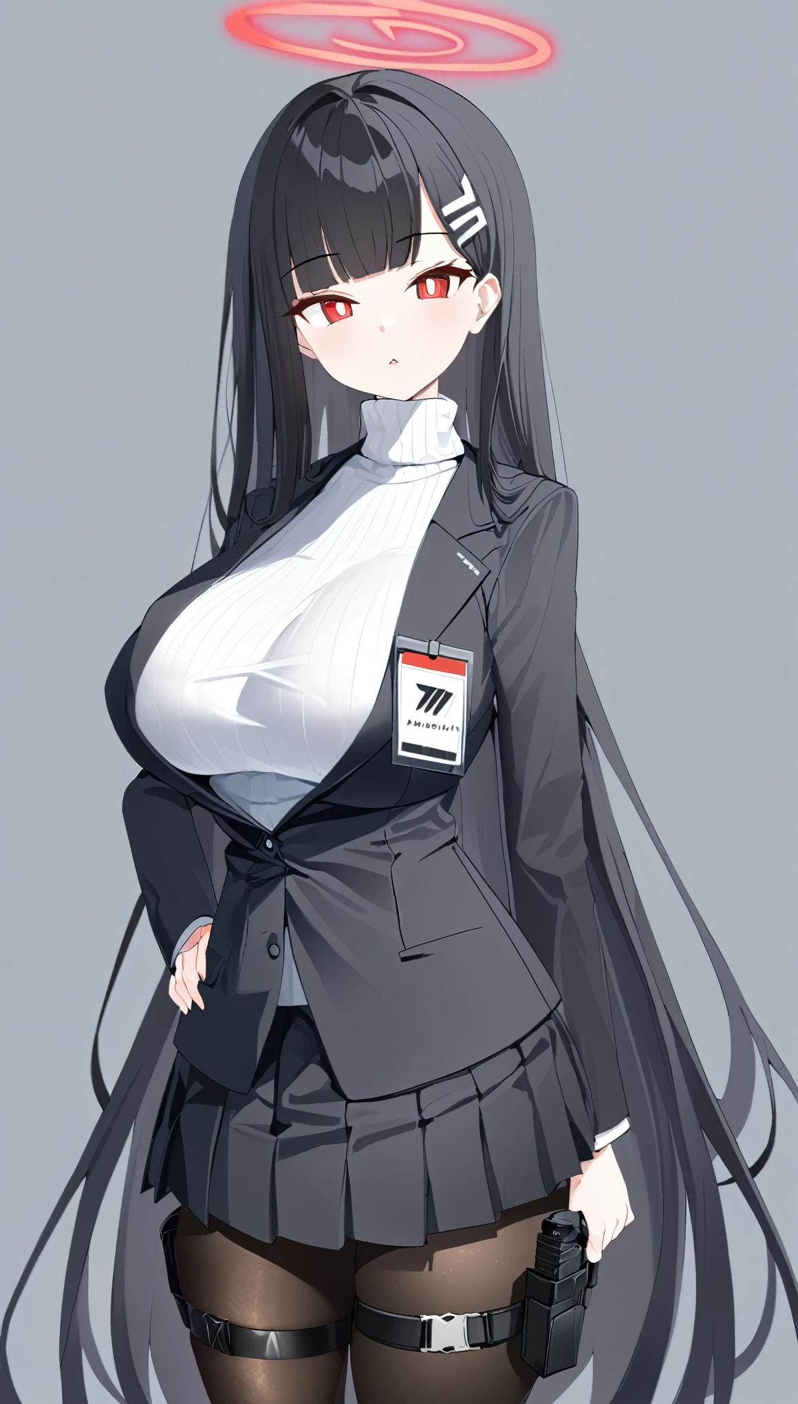 1girl, holster, skirt, thigh_holster, pantyhose, halo, breasts, red_eyes, long_hair, solo, black_hair, large_breasts, very_long_hair, turtleneck, jacket, pleated_skirt, hand_on_hip, black_pantyhose, tablet_pc, black_jacket, looking_at_viewer, holstered_weapon, hair_ornament, black_skirt, miniskirt, hairclip, id_card, simple_background, thigh_strap, bangs, parted_lips, long_sleeves, thigh_pouch, turtleneck_sweater, suit, black_suit, formal, cowboy_shot, bright_pupils, white_shirt, shirt, grey_background1girl,halo,black_hair,solo,red_eyes,long_hair,breasts,hair_ornament,bangs,very_long_hair,hairclip,blunt_bangs,black_suit,
License Scope:
Creative License Scope
 Online Image Generation
 Merge