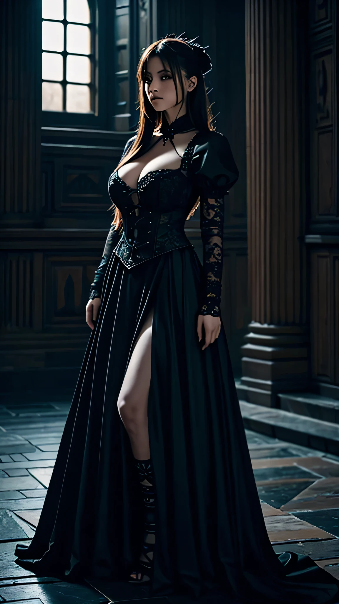 A highly detailed, dark fantasy portrait of a battle maid standing outside a gothic castle, sensual and powerful expression, realistic, cinematic composition, moody dramatic lighting, deep rich colours, intricate details