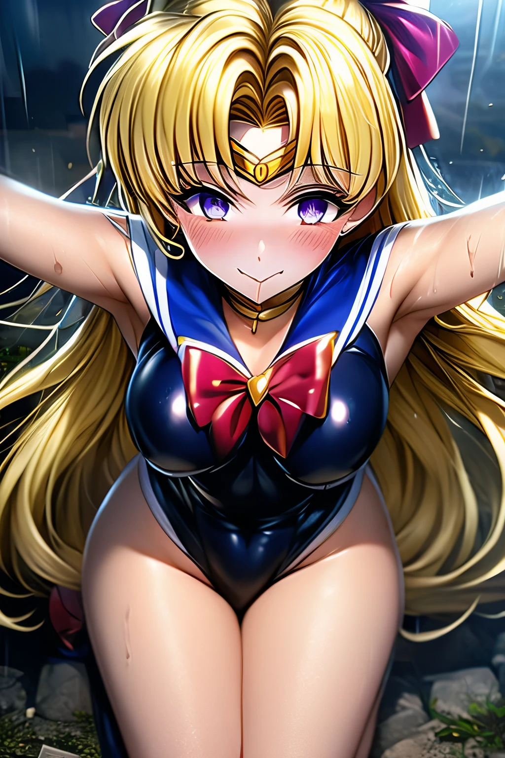 （（（Highest quality、masterpiece、Normal body、8k、Detailed face、Ultra-precision、Normal hand、Normal finger、５This finger、Highest）））、beautiful girl、Slender、Sailor Moon、Sailor Warriors、Leotard Sailor Suit、Black high leg leotard、Golden super ilver ribbon on chest、Circlet、Blonde、Long Hair、Straight Hair、Sailor Venus、Defeated、Exposed Skin（（Torn leotard、Torn leotard、Tattered Costume、Torn Skirt、Ripped chest、Shyness））、Damaged clothing、A scratched leotard、blush、Embarrassed、Frightened face、aphrodisiac、Estrus、Panting、Writhe、orgasm、Ahegao、Melting face、Open your mouth、Sticking out tongue、Heart Eyes、Eyes are hearts、Heart tattoo on lower abdomen、Obscene tattoo on abdomen、A lewd mark on the uterus、Open your arms、Constraints（（（ChainBIND、ChainBIND both hands、ChainCollar、Raise your hands and ChainBIND、Open your arms and Chain、Capture、Caught、Chain Bondage、A lot of chains、first round、Collar、CollarChain、Hanging with Chain、ChainBondage、CrossBondage）））、ruins、Dilapidated back alley、heavy rain、soaked、Wet and see-through、Transparent nipples、Nipple erection、Sheer leotard、Fall into Darkness、Fallen Angel、The Smile of Immoral、Full body view