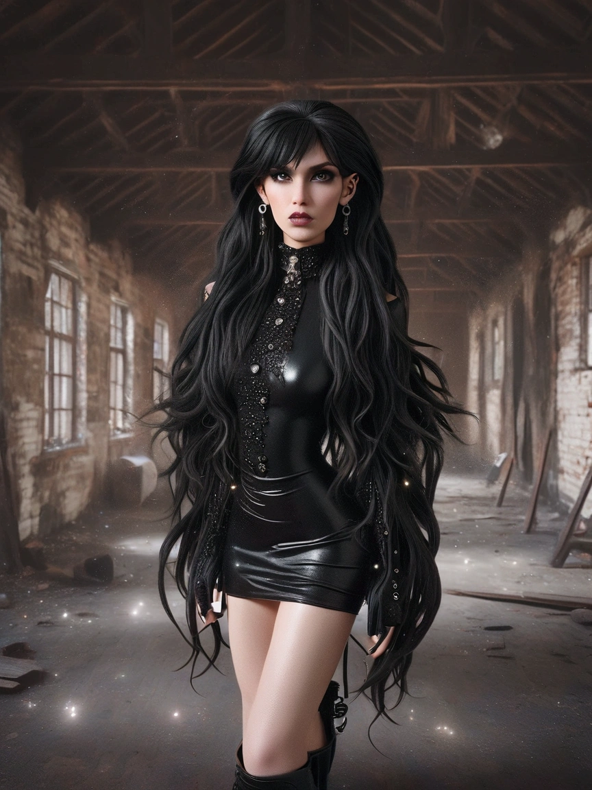 A 3D photorealistic image of a gothic woman with black hair and extremely long, ultra-realistic hair. She is wearing a black PVC dress outfit and black boots. She has multiple piercings, including a nose ring and several earrings on her ears. The woman is standing in an abandoned building with a rustic charm, featuring exposed bricks and wooden beams. There are abandoned items, such as a chair and a lamp, scattered around. The overall ambiance of the photo is dark and eerie.