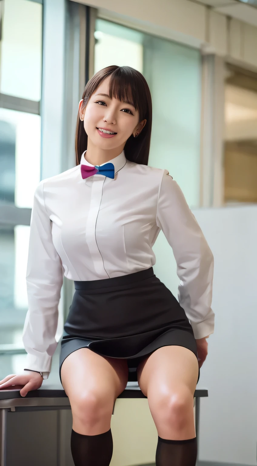 Japanese、1 female,、beauty,Beautiful Face,Realistic、smile、Detailed face、A dignified appearance,Plump Style,Squat、Spread your legs、Thighs, Thighs, Thighs、Large saggy breasts、Front view,Ultra-realistic,Ultra-high resolution,Highest quality,8k,masterpiece，(Shooting in the office:1.2),((suit、mini skirt、garter belt、wear black tights))、