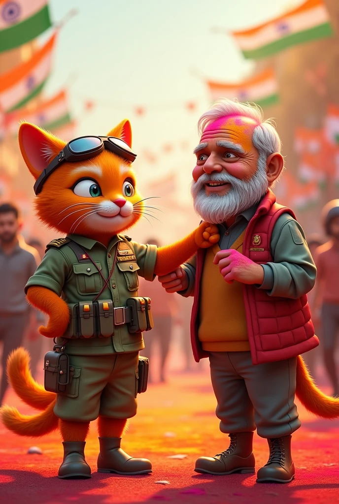 A big body builder cat hand India flag. And others people salute india flag