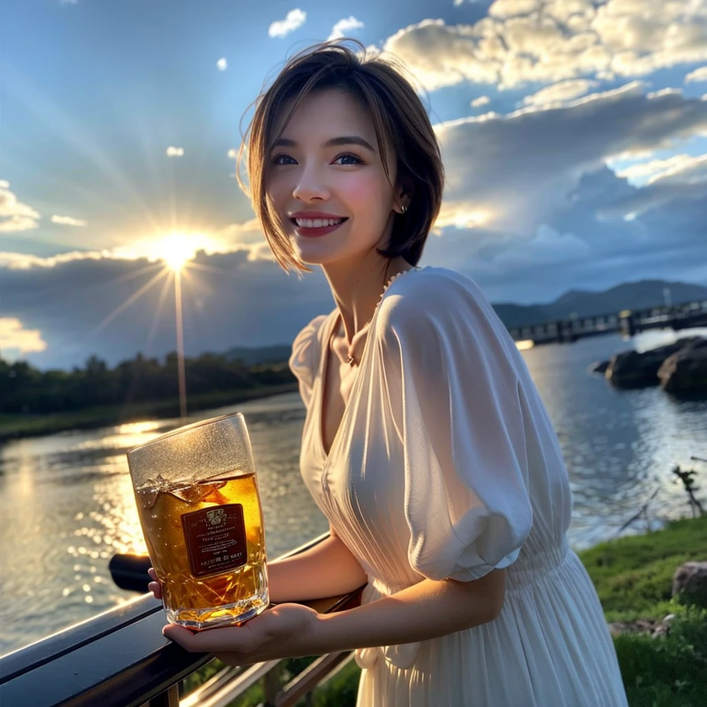 ((Highest quality、、masterpiece:1.3))、1 male、1 female,44 years old 39 years old、Shine the light on my face、Slim Beauty、Beautiful couple、Upper Body、smile、 (Slim face), (the body is スリム), (Brown Hair), (Shortcuts), テーブルのフルコースディナーとwine glass、Amazing view of the sunset sky and clouds、smileの美しさ、Wine bottle、sparkling wine、Long sleeve shirt、dress、White wine, red wine, wine glass, Beautiful fine grain, Depth f/2,saturation, High Contrast, Strong light and shadow,Moist Body:1.5、 texture、The hair is very shiny、